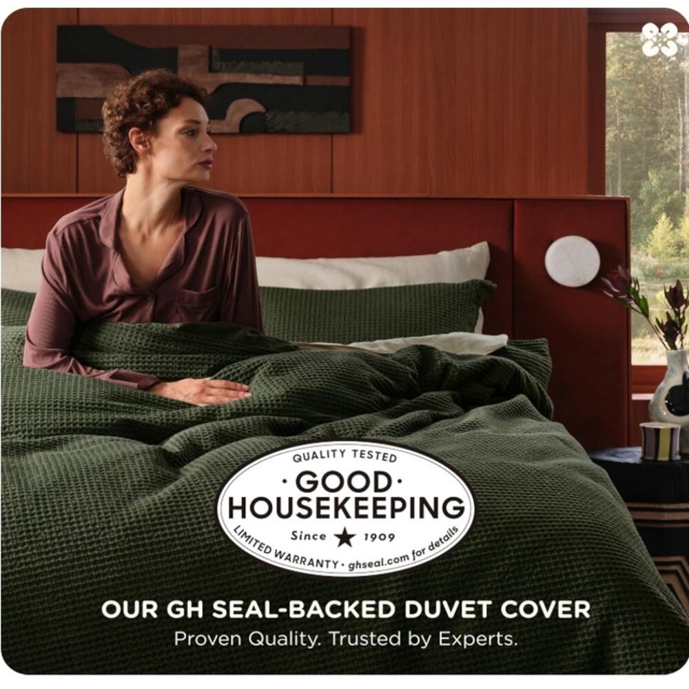 Bedsure Cotton Waffle Duvet Cover Set Olive Green King 3pc NEW - Picture 2 of 6